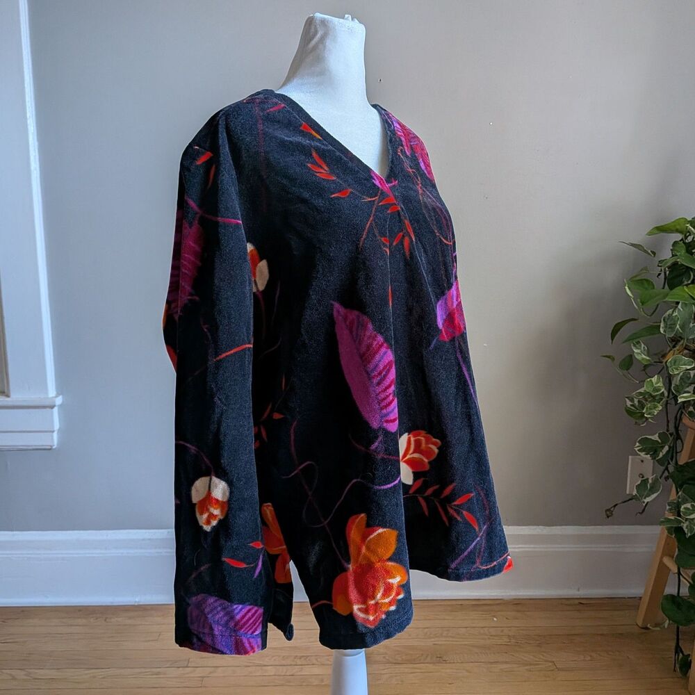 Vintage Ample Togs Floral Velour Top V-Neck Cozy Bright Winter Size XL - Picture 2 of 8